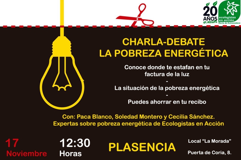 El sábado 17 charla-debate sobre pobreza energética en ''La Morada'' de Plasencia