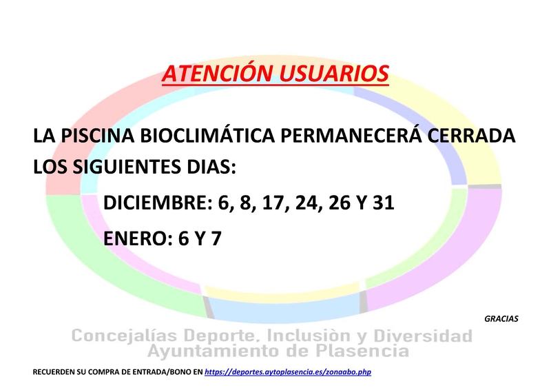 La piscina bioclimática cerrará 6, 8, 17, 24, 26 y 31 de diciembre y 6 y 7 de enero