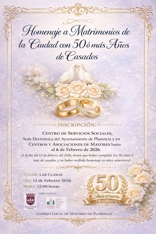 Plasencia convoca el homenaje a matrimonios con 50 o más años de casados